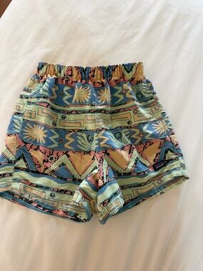 Patagonia Kids Swim Trunks in Teal, Pink & Yellow Aztec Print